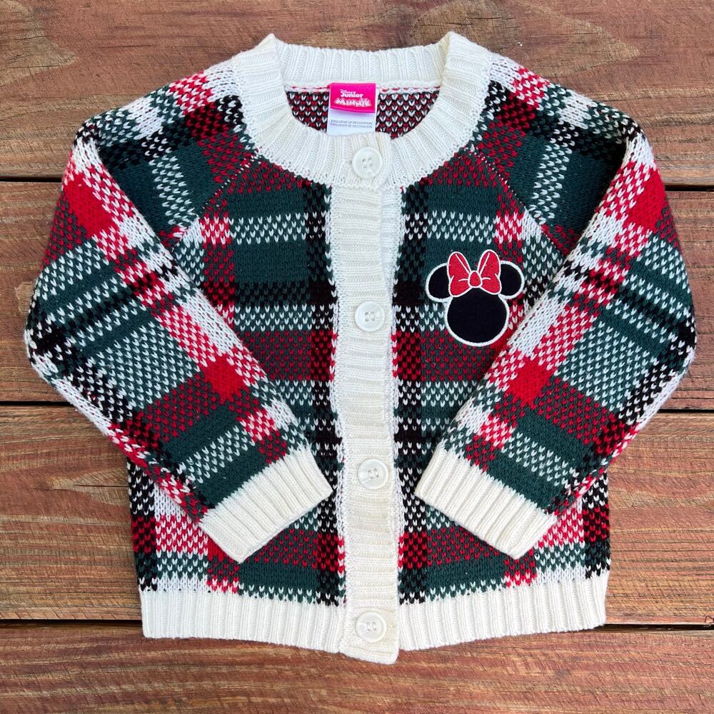 Disney Junior Minnie Mouse Cardigan 2T Red Green Plaid Christmas Holiday Sweater